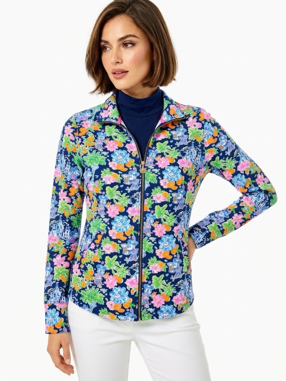 Disney x Lilly Pulitzer Full Zip Jacket Floral Mickey Castle Navy XS